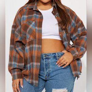 Fashion Nova Brown and Blue Plaid Button-Down Shirt